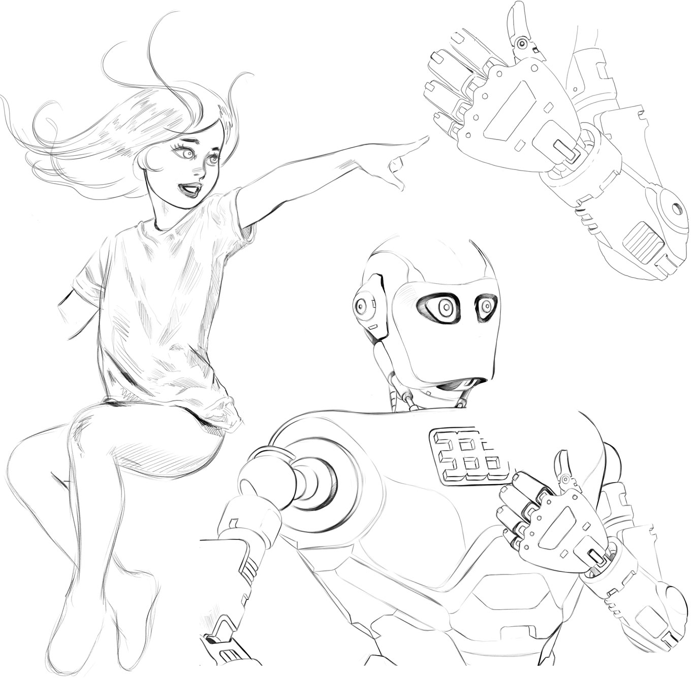 Agnes and robot rough sketches by Nalin DeSilva