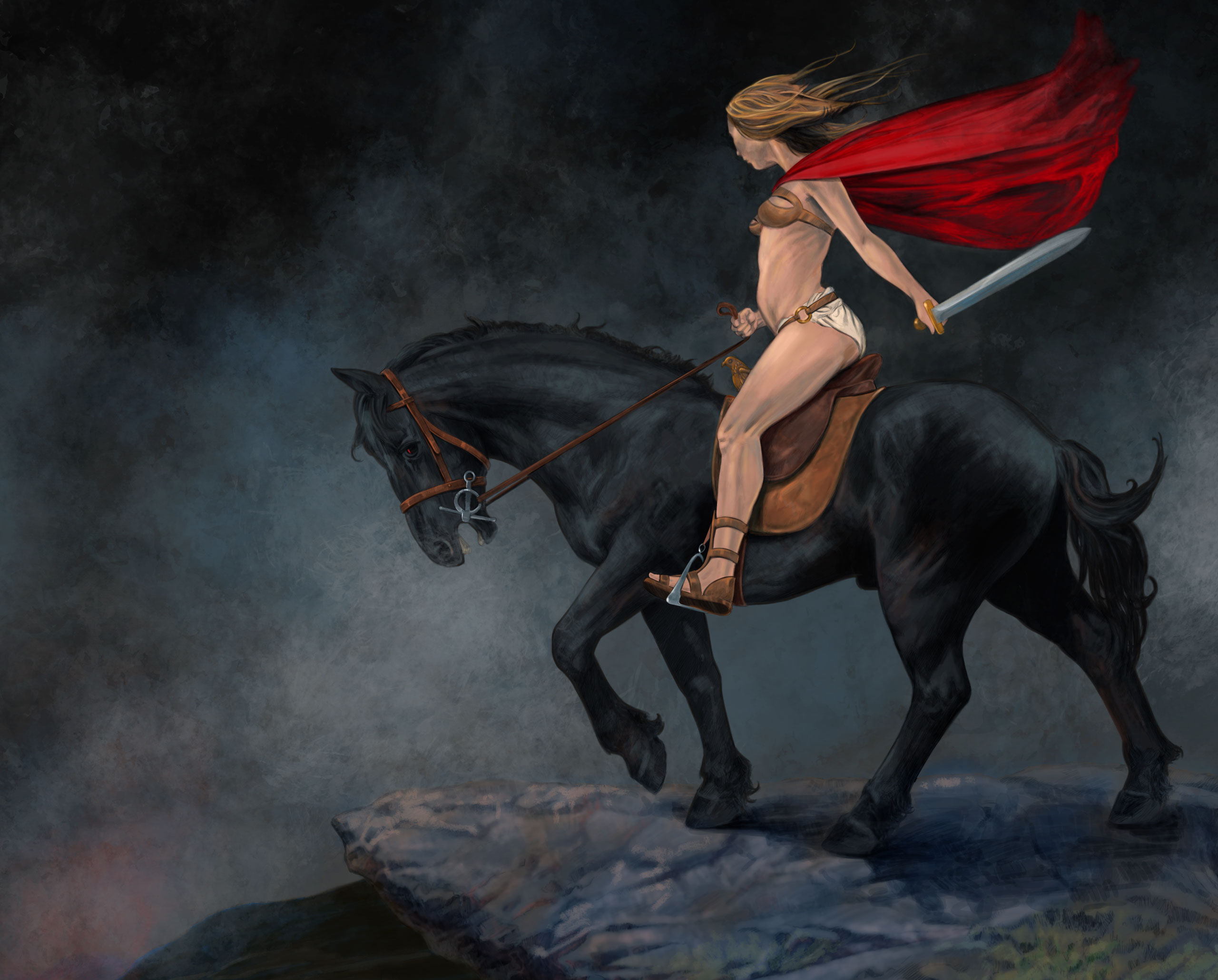 Painting of barbaric woman on a horse.